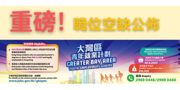大灣區青年就業計劃職位空缺公佈！